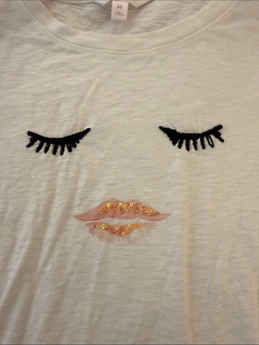 Women’s White Graphic Tee with Embellished Lips and Embroidered Lashes - Picture 3 of 9
